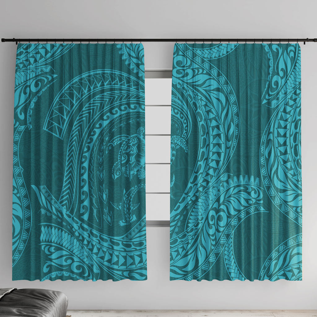 Hawaiian Turtle and Shark Window Curtain Kakau Tribal with Polynesian Pattern Turquoise Color LT03 With Hooks Turquoise - Polynesian Pride