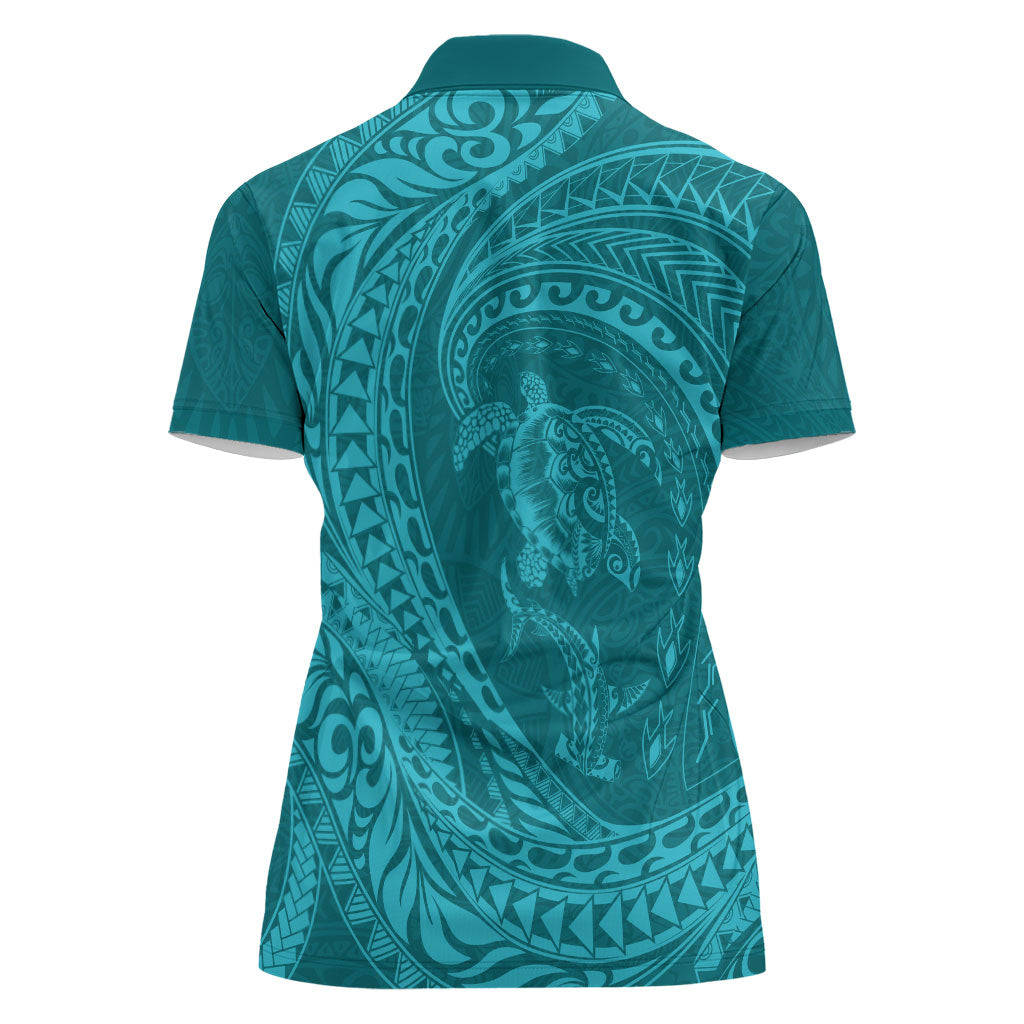 Hawaiian Turtle and Shark Women Polo Shirt Kakau Tribal with Polynesian Pattern Turquoise Color LT03 - Polynesian Pride