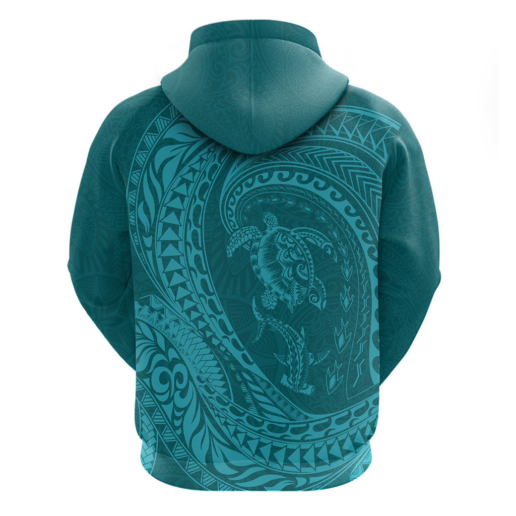Hawaiian Turtle and Shark Zip Hoodie Kakau Tribal with Polynesian Pattern Turquoise Color LT03 - Polynesian Pride