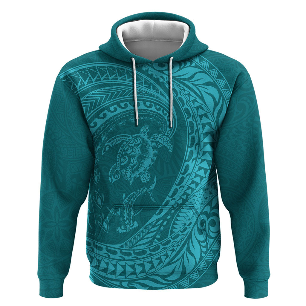 Hawaiian Turtle and Shark Zip Hoodie Kakau Tribal with Polynesian Pattern Turquoise Color LT03 Pullover Hoodie Turquoise - Polynesian Pride