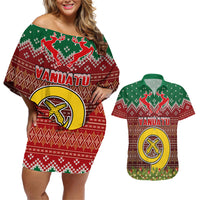 Vanuatu Christmas Couples Matching Off Shoulder Short Dress and Hawaiian Shirt Pig Tusk Beautiful Merry Xmas Snowflake LT03 Red - Polynesian Pride