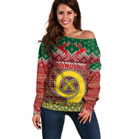 Vanuatu Christmas Off Shoulder Sweater Pig Tusk Beautiful Merry Xmas Snowflake LT03 Women Red - Polynesian Pride