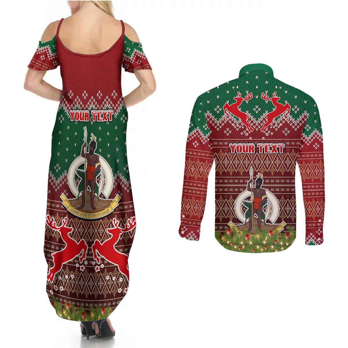 Personalised Vanuatu Christmas Couples Matching Summer Maxi Dress and Long Sleeve Button Shirts Pig Tusk Beautiful Merry Xmas Snowflake LT03 - Polynesian Pride