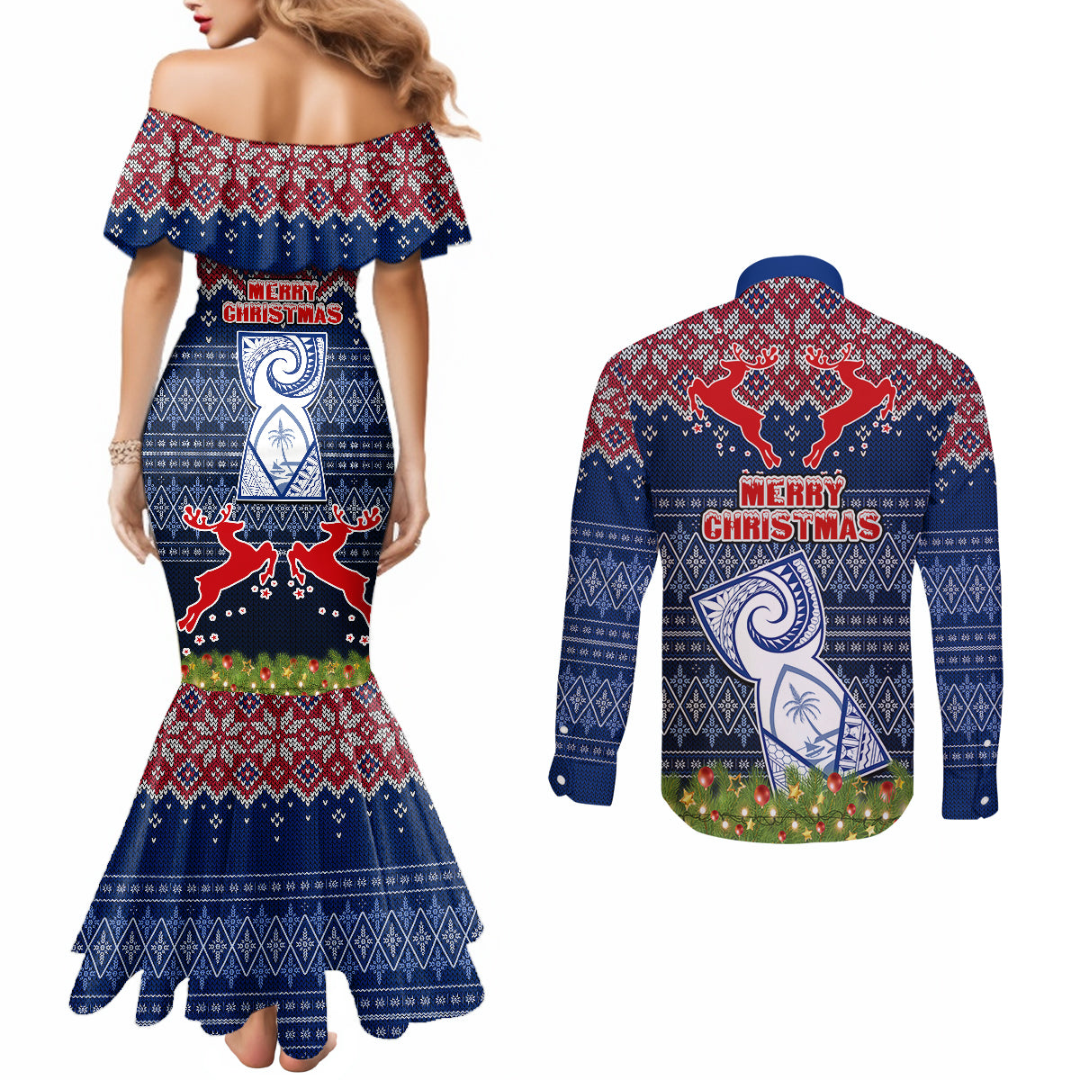 Guam Christmas Couples Matching Mermaid Dress and Long Sleeve Button Shirts Chamorro Guam Tattoos Beautiful Merry Xmas Snowflake LT03 - Polynesian Pride