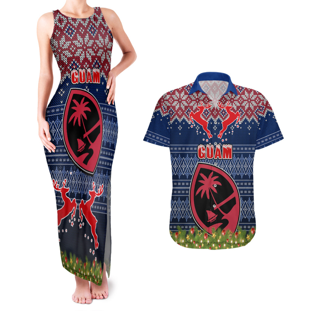 Guam Christmas Couples Matching Tank Maxi Dress and Hawaiian Shirt Chamorro Guam Tattoos Beautiful Merry Xmas Snowflake LT03 Blue - Polynesian Pride