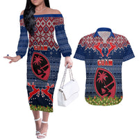 Personalised Guam Christmas Couples Matching Off The Shoulder Long Sleeve Dress and Hawaiian Shirt Chamorro Guam Tattoos Beautiful Merry Xmas Snowflake LT03 Blue - Polynesian Pride