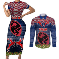 Personalised Guam Christmas Couples Matching Short Sleeve Bodycon Dress and Long Sleeve Button Shirts Chamorro Guam Tattoos Beautiful Merry Xmas Snowflake LT03 Blue - Polynesian Pride