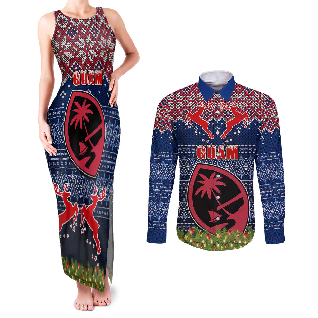 Personalised Guam Christmas Couples Matching Tank Maxi Dress and Long Sleeve Button Shirts Chamorro Guam Tattoos Beautiful Merry Xmas Snowflake LT03 Blue - Polynesian Pride