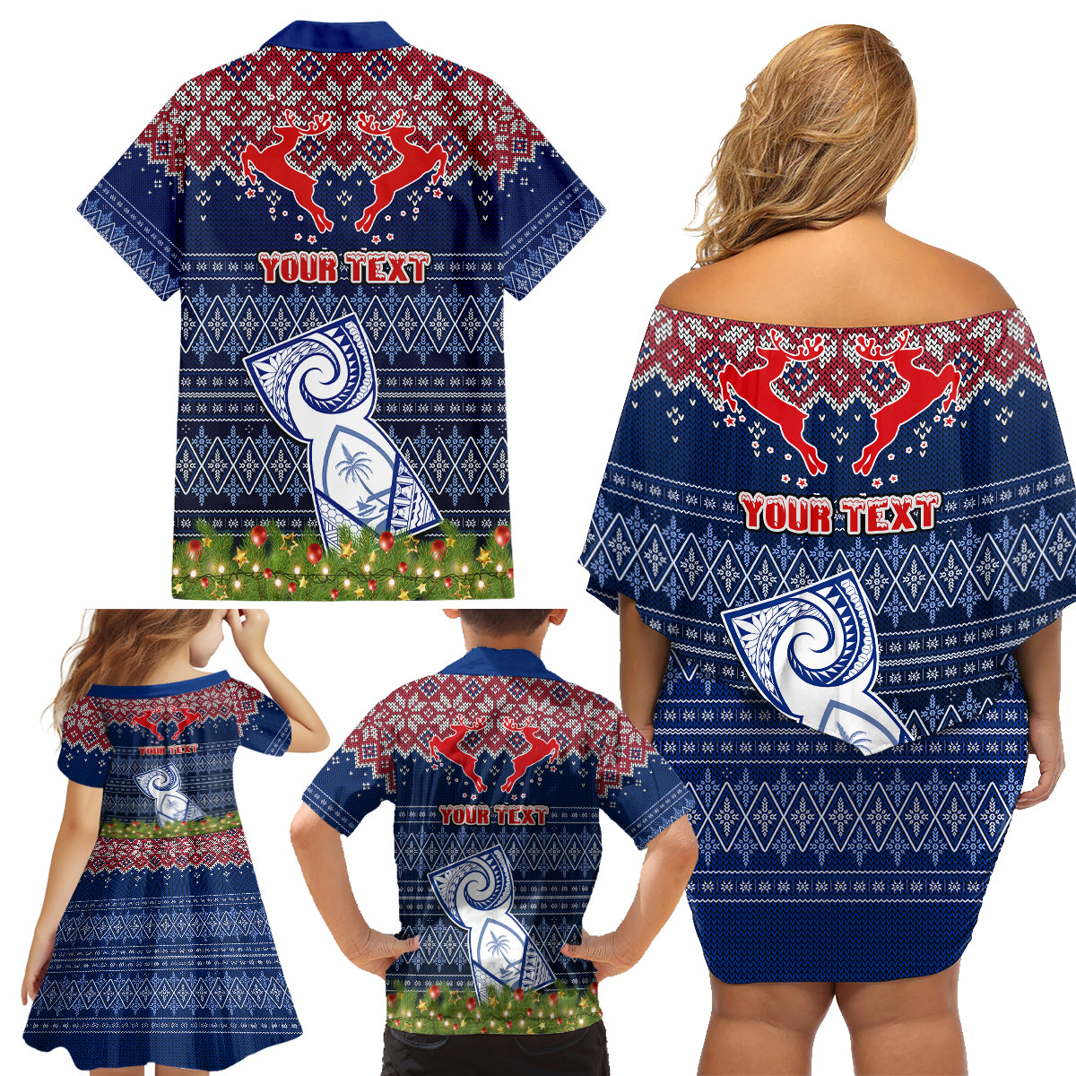 Personalised Guam Christmas Family Matching Off Shoulder Short Dress and Hawaiian Shirt Chamorro Guam Tattoos Beautiful Merry Xmas Snowflake LT03 - Polynesian Pride