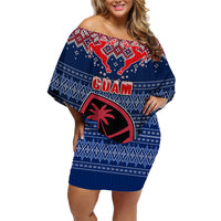 Personalised Guam Christmas Family Matching Off Shoulder Short Dress and Hawaiian Shirt Chamorro Guam Tattoos Beautiful Merry Xmas Snowflake LT03 Mom's Dress Blue - Polynesian Pride