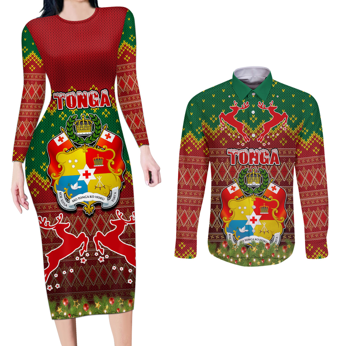 Tonga Christmas Couples Matching Long Sleeve Bodycon Dress and Long Sleeve Button Shirts Coat of Arms and Map Beautiful Merry Xmas Snowflake LT03 Red - Polynesian Pride