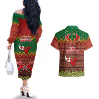 Tonga Christmas Couples Matching Off The Shoulder Long Sleeve Dress and Hawaiian Shirt Coat of Arms and Map Beautiful Merry Xmas Snowflake LT03 - Polynesian Pride