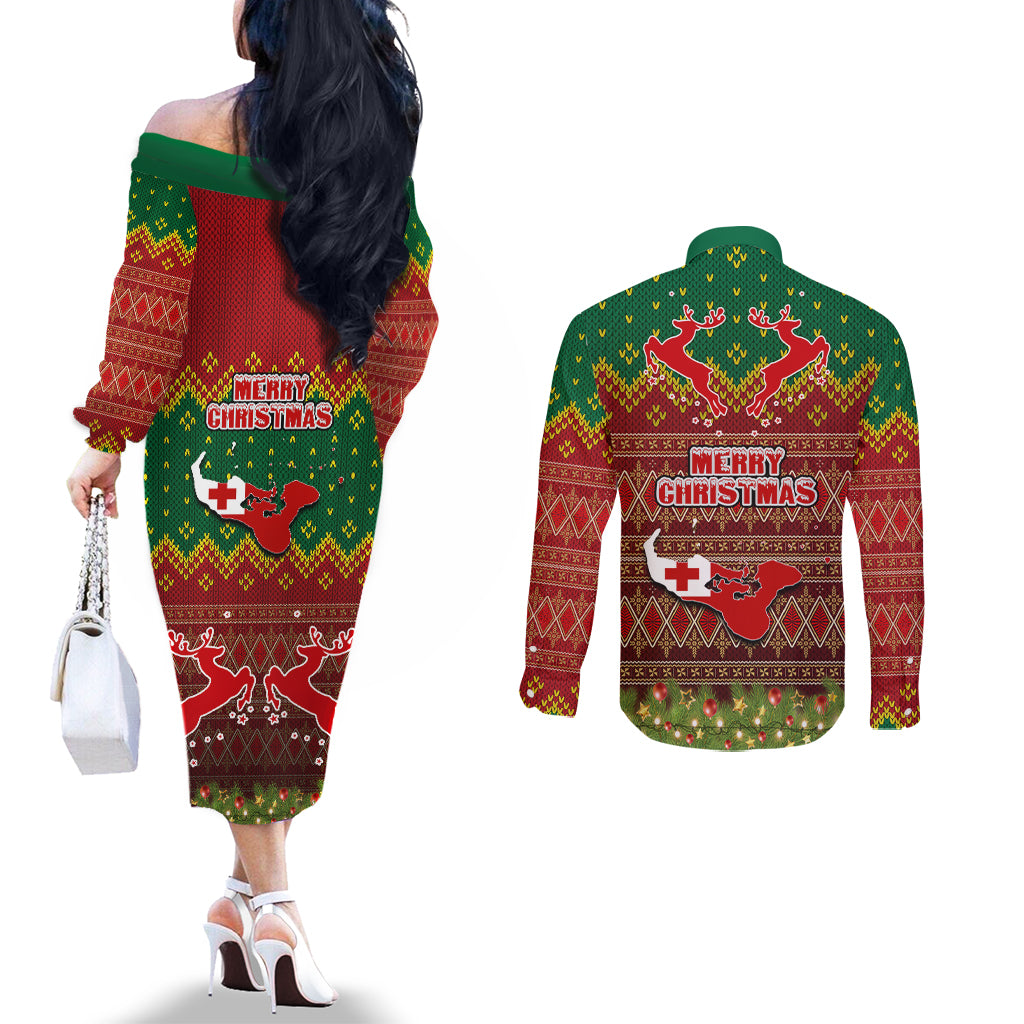 Tonga Christmas Couples Matching Off The Shoulder Long Sleeve Dress and Long Sleeve Button Shirts Coat of Arms and Map Beautiful Merry Xmas Snowflake LT03 - Polynesian Pride