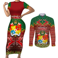 Tonga Christmas Couples Matching Short Sleeve Bodycon Dress and Long Sleeve Button Shirts Coat of Arms and Map Beautiful Merry Xmas Snowflake LT03 Red - Polynesian Pride