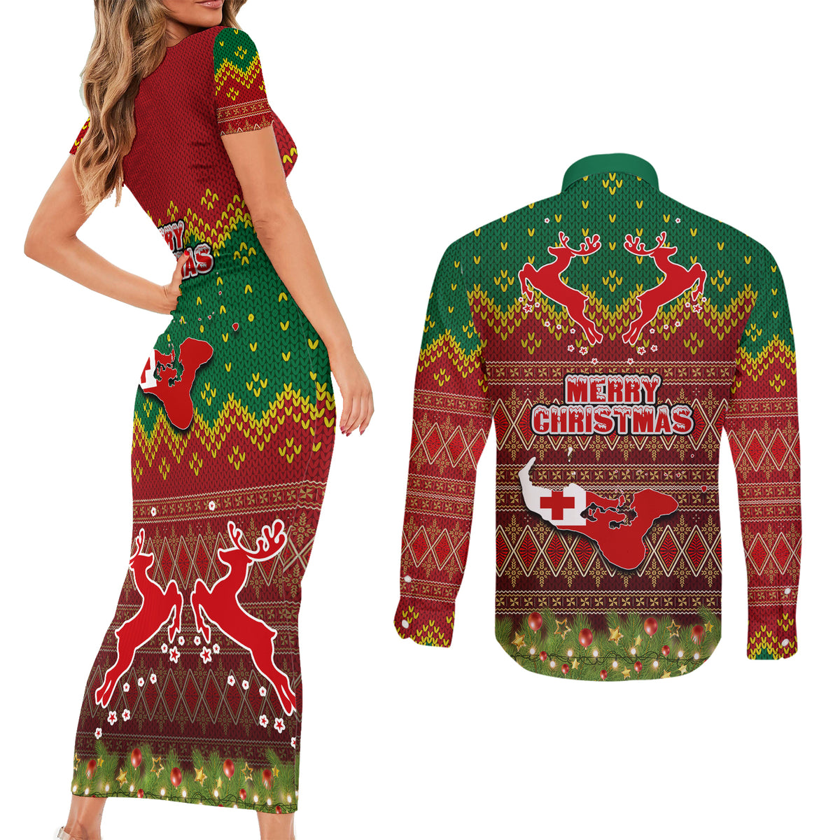 Tonga Christmas Couples Matching Short Sleeve Bodycon Dress and Long Sleeve Button Shirts Coat of Arms and Map Beautiful Merry Xmas Snowflake LT03 - Polynesian Pride