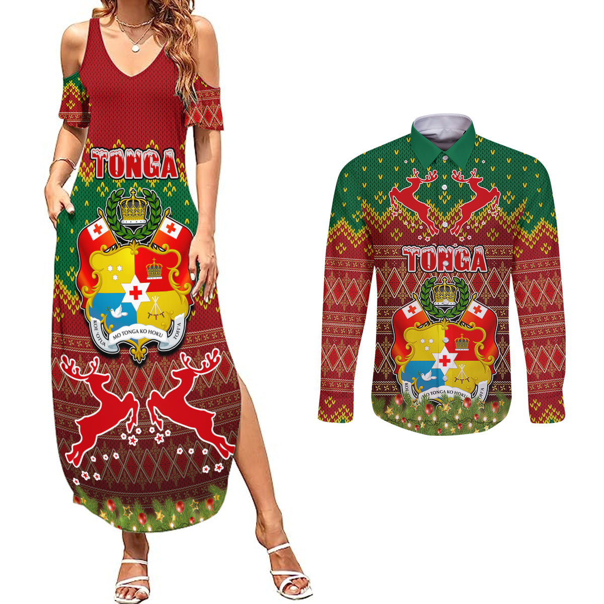 Tonga Christmas Couples Matching Summer Maxi Dress and Long Sleeve Button Shirts Coat of Arms and Map Beautiful Merry Xmas Snowflake LT03 Red - Polynesian Pride