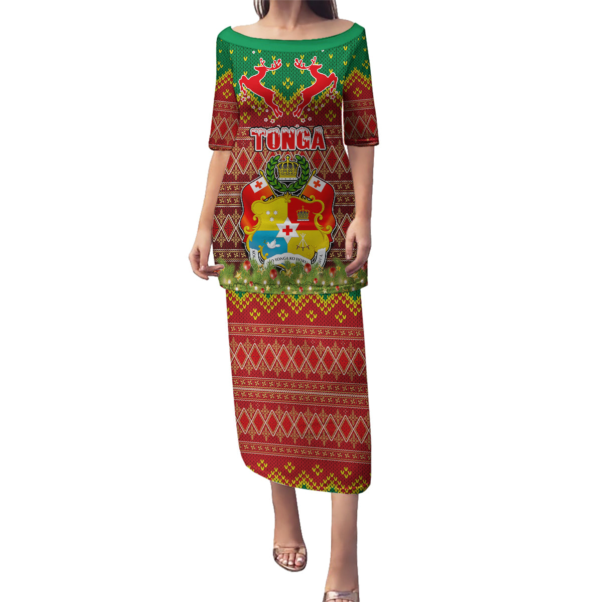 Tonga Christmas Family Matching Puletasi Dress and Hawaiian Shirt Coat of Arms and Map Beautiful Merry Xmas Snowflake LT03 Mom's Dress Red - Polynesian Pride