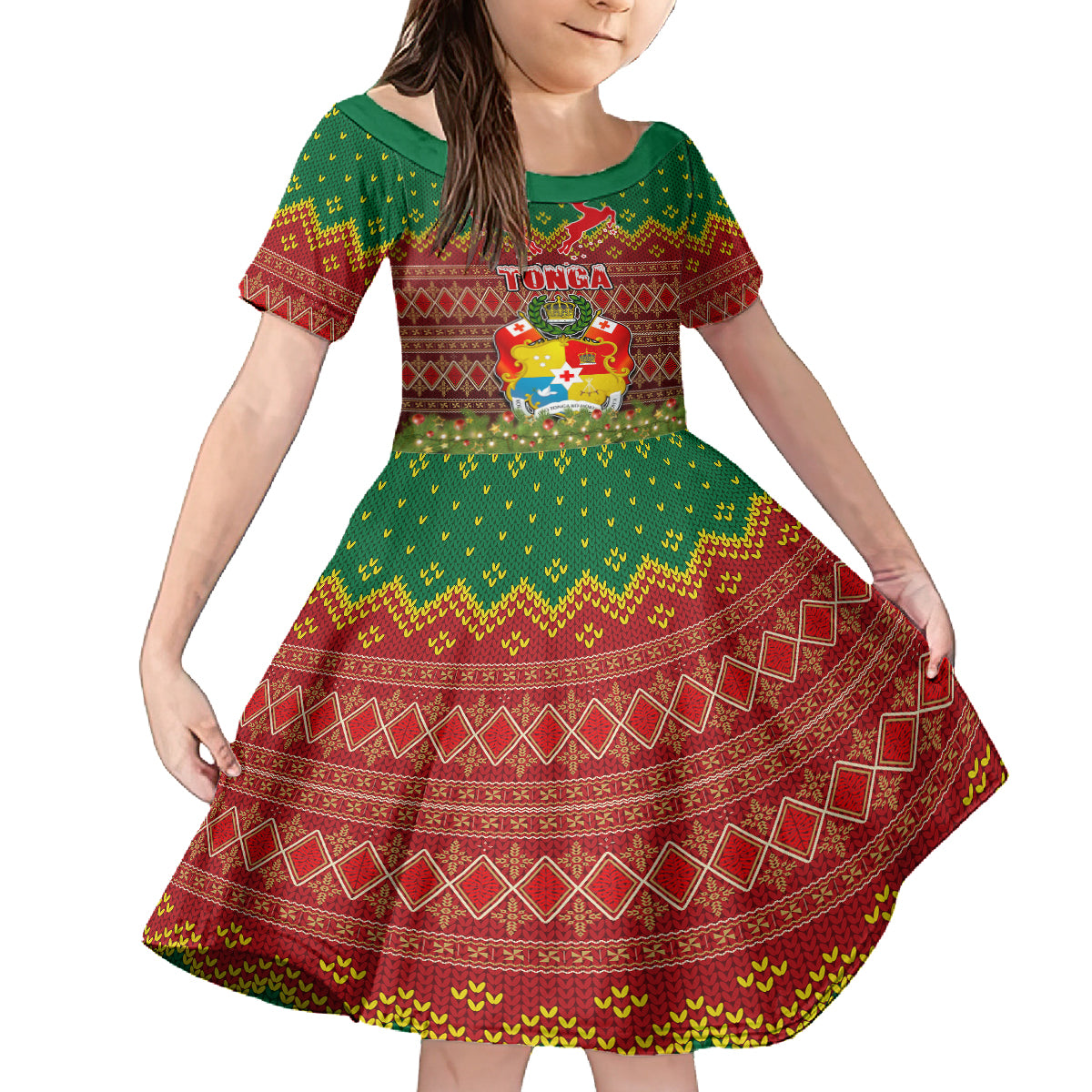 Tonga Christmas Kid Short Sleeve Dress Coat of Arms and Map Beautiful Merry Xmas Snowflake LT03 KID Red - Polynesian Pride