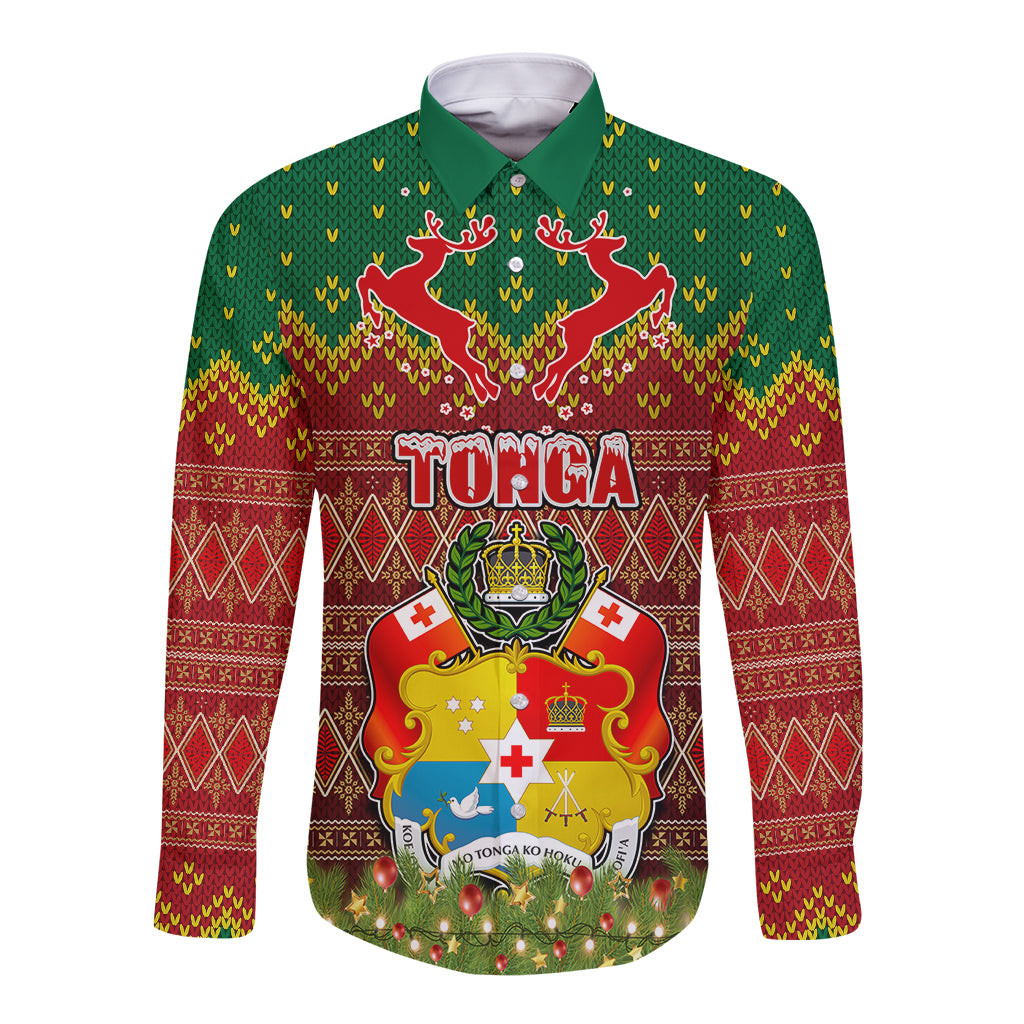 Tonga Christmas Long Sleeve Button Shirt Coat of Arms and Map Beautiful Merry Xmas Snowflake LT03 Unisex Red - Polynesian Pride