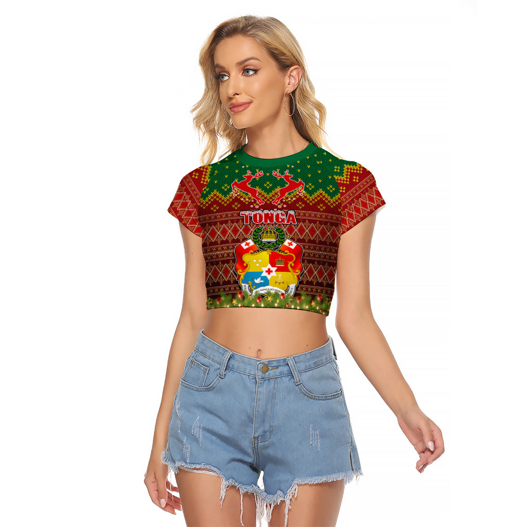 Tonga Christmas Raglan Cropped T Shirt Coat of Arms and Map Beautiful Merry Xmas Snowflake LT03 Female Red - Polynesian Pride