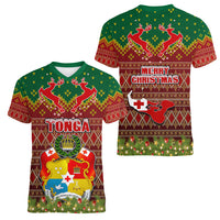 Tonga Christmas Women V Neck T Shirt Coat of Arms and Map Beautiful Merry Xmas Snowflake LT03 - Polynesian Pride