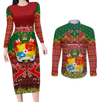Personalised Tonga Christmas Couples Matching Long Sleeve Bodycon Dress and Long Sleeve Button Shirts Coat of Arms and Map Beautiful Merry Xmas Snowflake LT03 Red - Polynesian Pride