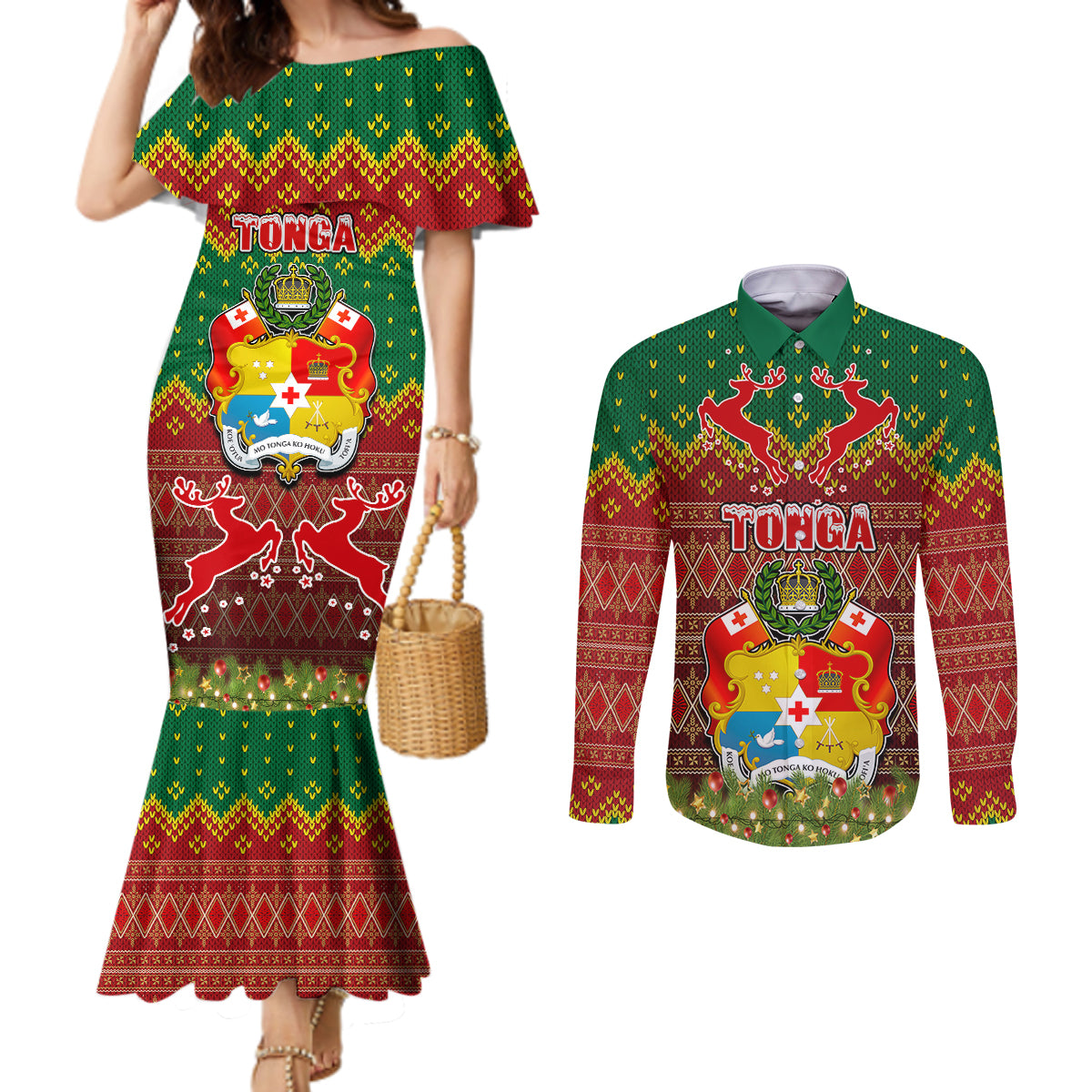 Personalised Tonga Christmas Couples Matching Mermaid Dress and Long Sleeve Button Shirts Coat of Arms and Map Beautiful Merry Xmas Snowflake LT03 Red - Polynesian Pride