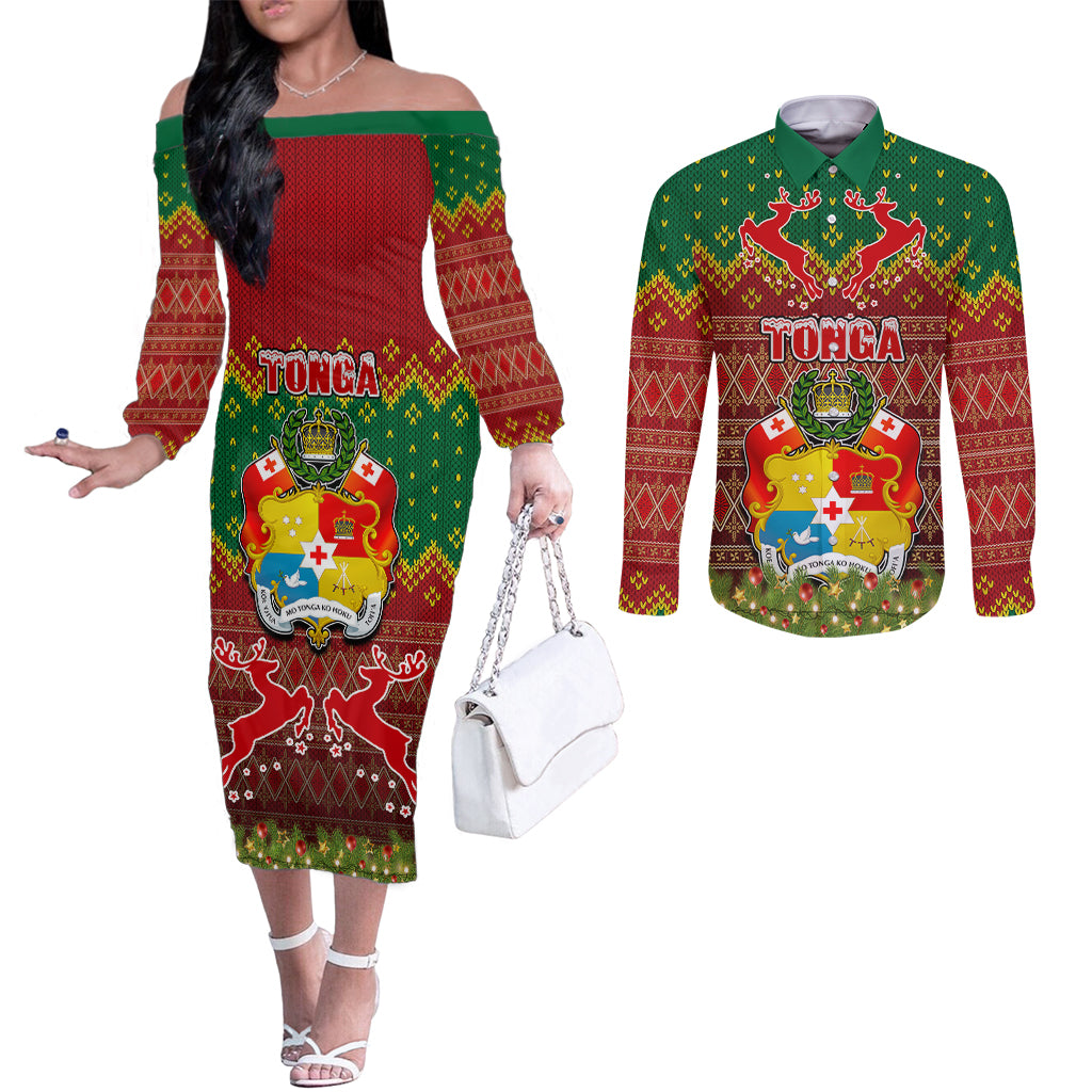 Personalised Tonga Christmas Couples Matching Off The Shoulder Long Sleeve Dress and Long Sleeve Button Shirts Coat of Arms and Map Beautiful Merry Xmas Snowflake LT03 Red - Polynesian Pride