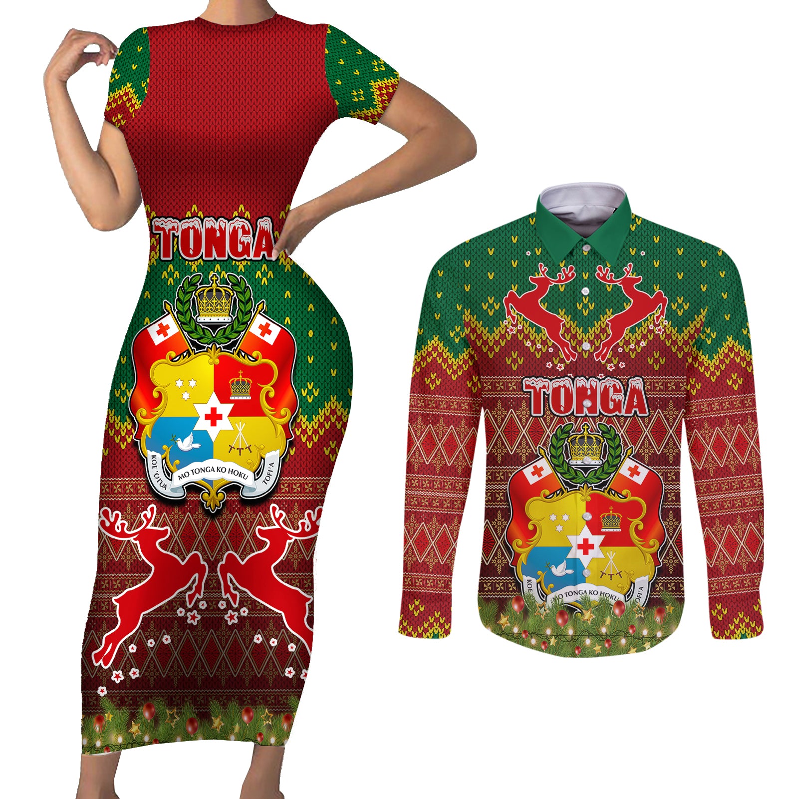Personalised Tonga Christmas Couples Matching Short Sleeve Bodycon Dress and Long Sleeve Button Shirts Coat of Arms and Map Beautiful Merry Xmas Snowflake LT03 Red - Polynesian Pride