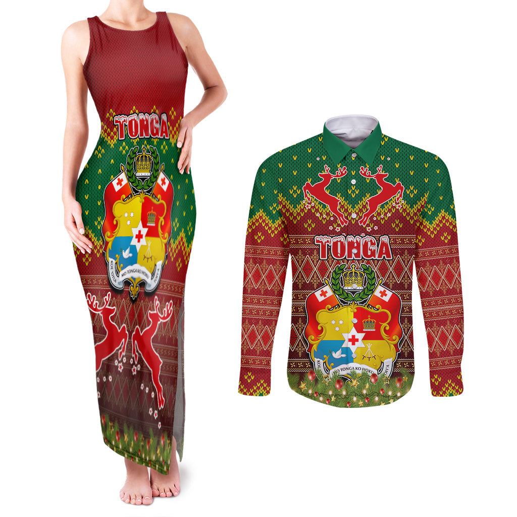 Personalised Tonga Christmas Couples Matching Tank Maxi Dress and Long Sleeve Button Shirts Coat of Arms and Map Beautiful Merry Xmas Snowflake LT03 Red - Polynesian Pride
