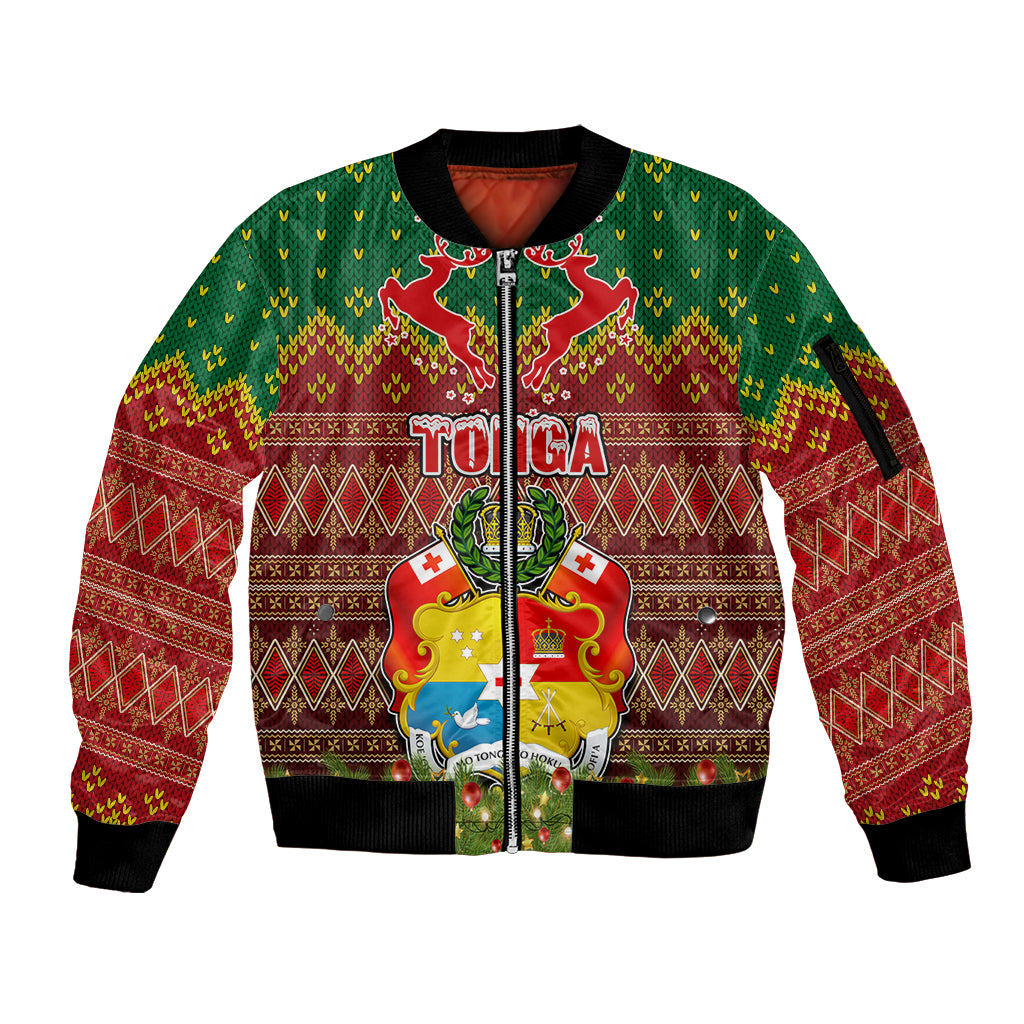 Personalised Tonga Christmas Sleeve Zip Bomber Jacket Coat of Arms and Map Beautiful Merry Xmas Snowflake LT03 Unisex Red - Polynesian Pride