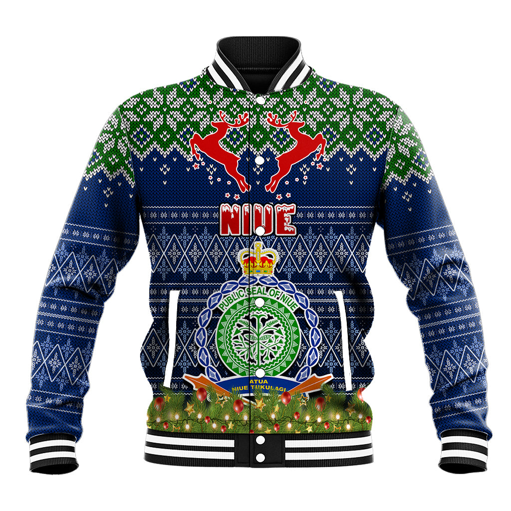 Niue Christmas Baseball Jacket Coat of Arms and Map Beautiful Merry Xmas Snowflake LT03 Unisex Blue - Polynesian Pride