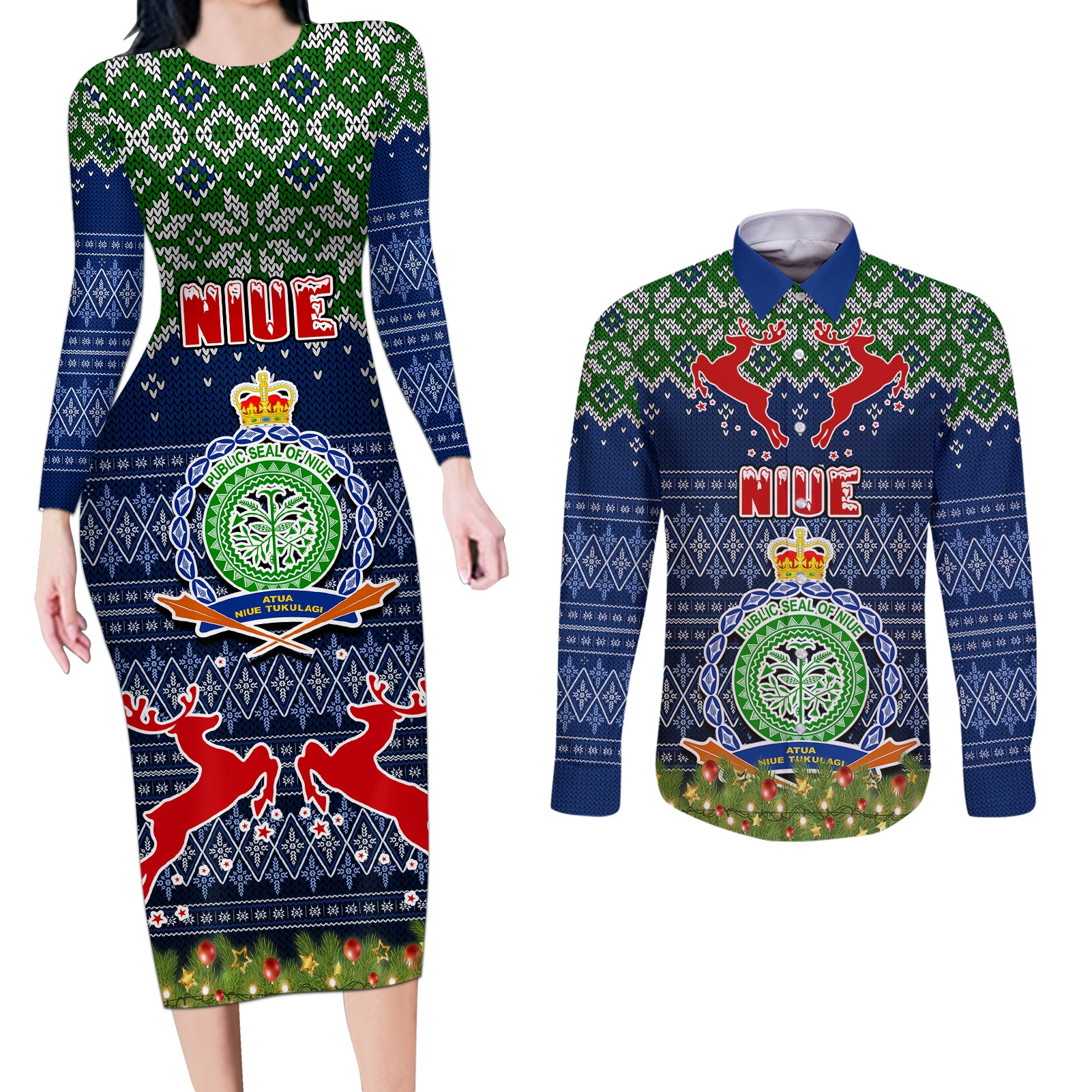 Niue Christmas Couples Matching Long Sleeve Bodycon Dress and Long Sleeve Button Shirts Coat of Arms and Map Beautiful Merry Xmas Snowflake LT03 Blue - Polynesian Pride