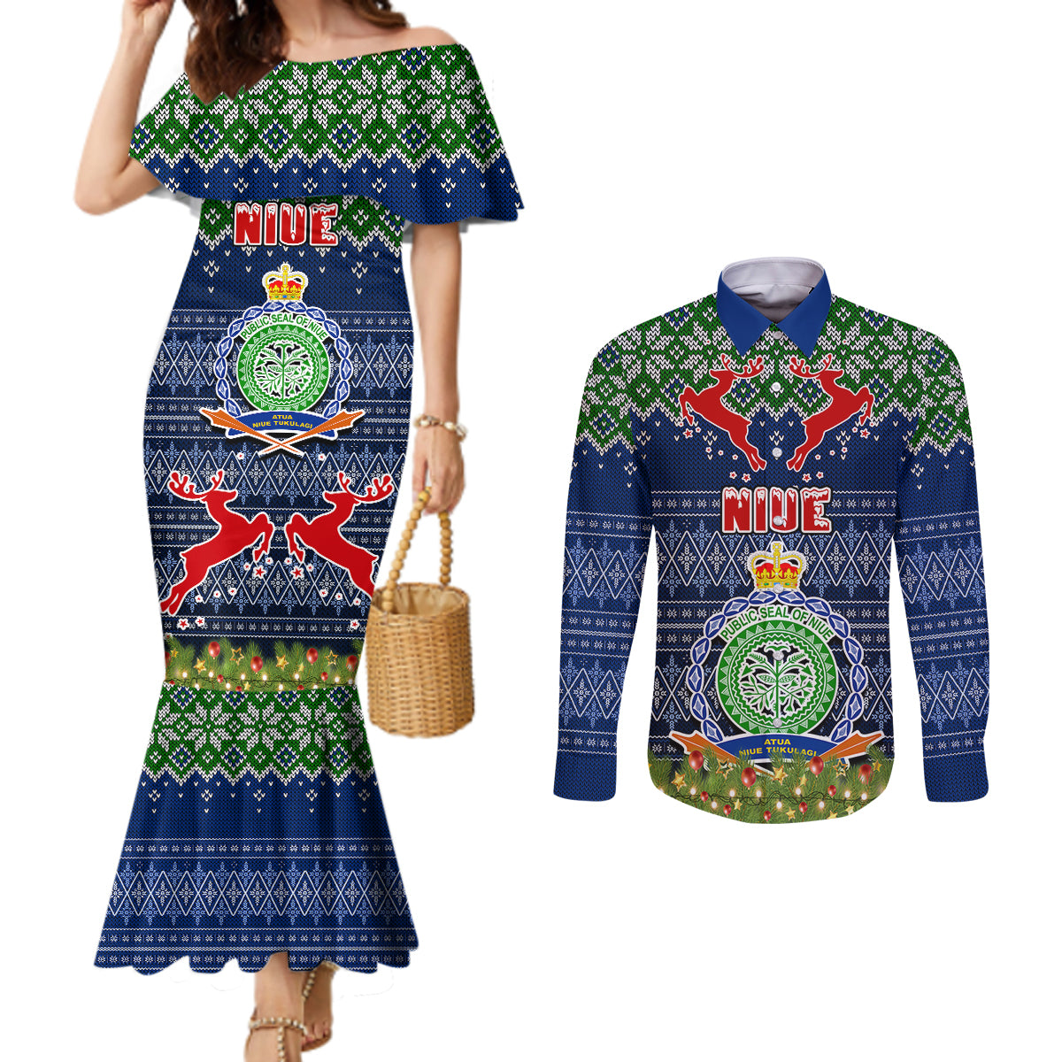 Niue Christmas Couples Matching Mermaid Dress and Long Sleeve Button Shirts Coat of Arms and Map Beautiful Merry Xmas Snowflake LT03 Blue - Polynesian Pride