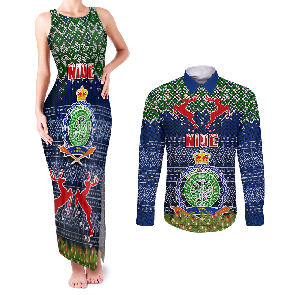 Niue Christmas Couples Matching Tank Maxi Dress and Long Sleeve Button Shirts Coat of Arms and Map Beautiful Merry Xmas Snowflake LT03 Blue - Polynesian Pride