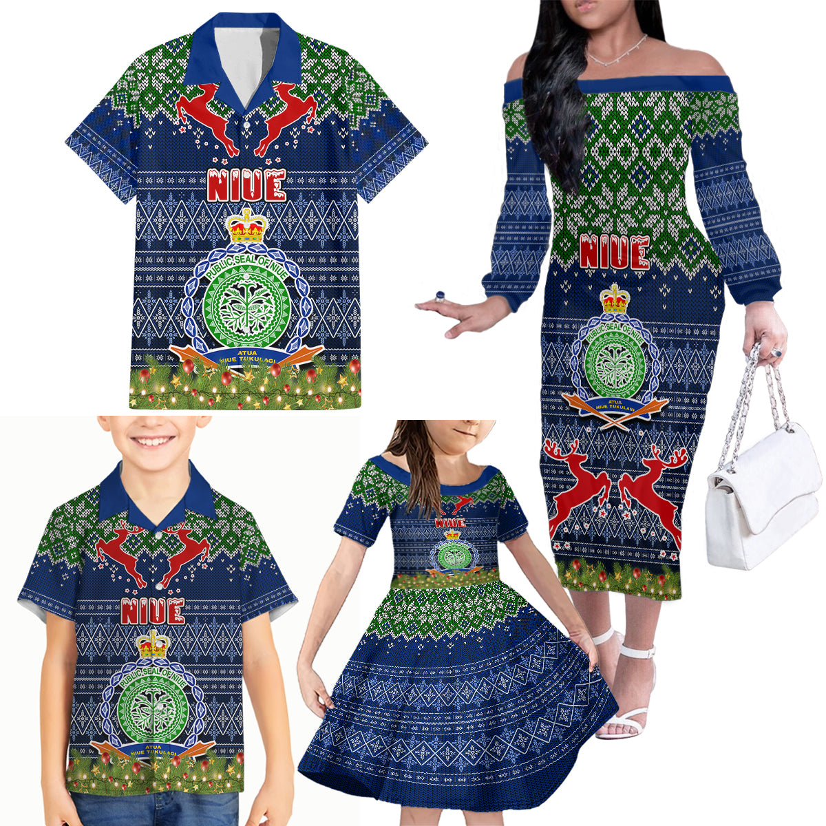 Niue Christmas Family Matching Off Shoulder Long Sleeve Dress and Hawaiian Shirt Coat of Arms and Map Beautiful Merry Xmas Snowflake LT03 - Polynesian Pride