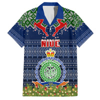 Niue Christmas Family Matching Off Shoulder Long Sleeve Dress and Hawaiian Shirt Coat of Arms and Map Beautiful Merry Xmas Snowflake LT03 Dad's Shirt - Short Sleeve Blue - Polynesian Pride