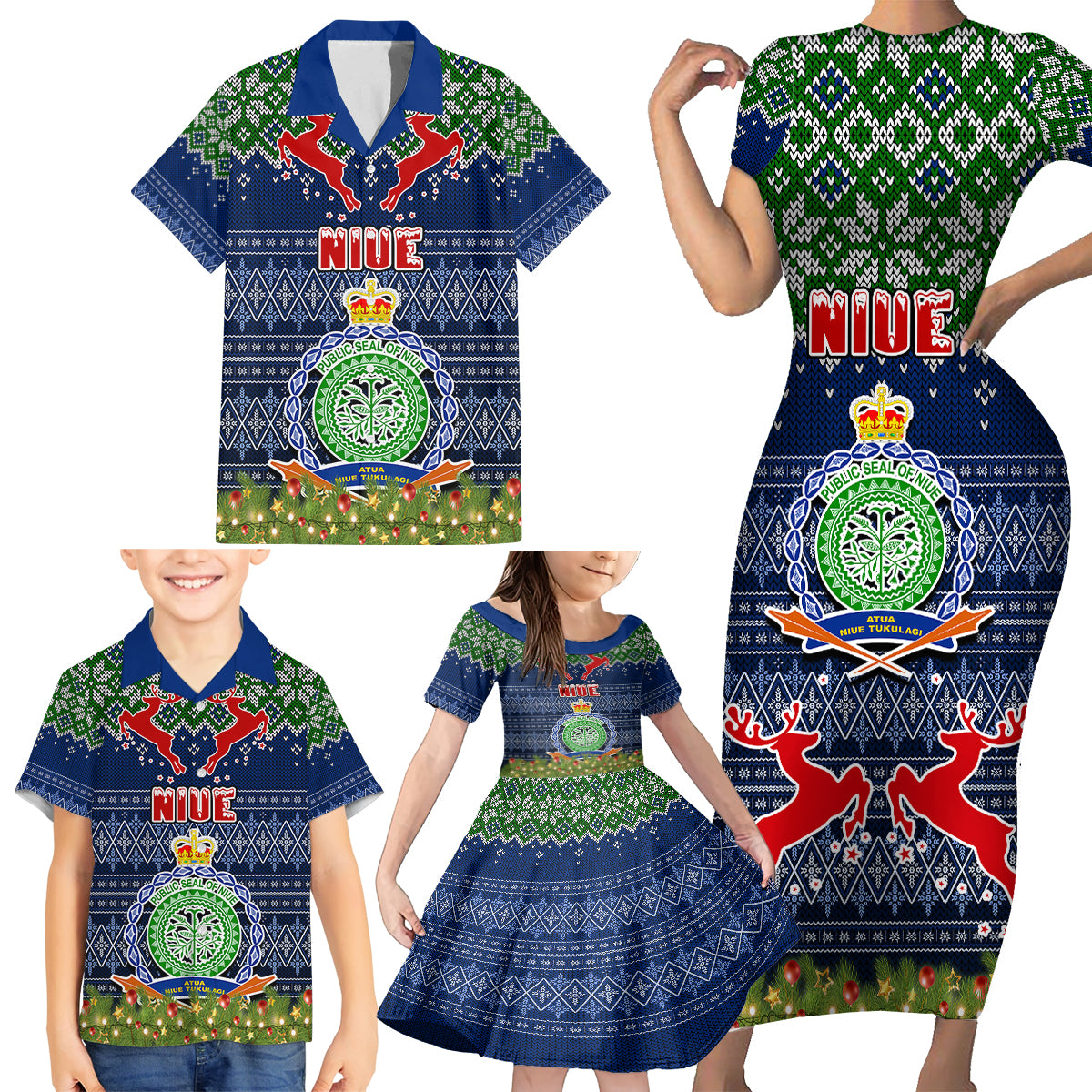 Niue Christmas Family Matching Short Sleeve Bodycon Dress and Hawaiian Shirt Coat of Arms and Map Beautiful Merry Xmas Snowflake LT03 - Polynesian Pride