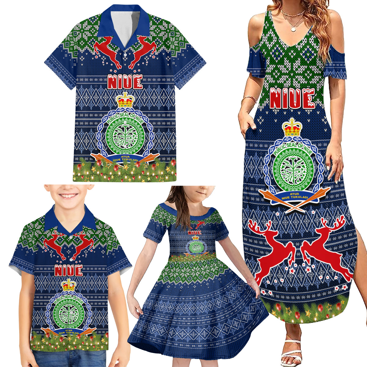 Niue Christmas Family Matching Summer Maxi Dress and Hawaiian Shirt Coat of Arms and Map Beautiful Merry Xmas Snowflake LT03 - Polynesian Pride