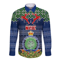 Niue Christmas Long Sleeve Button Shirt Coat of Arms and Map Beautiful Merry Xmas Snowflake LT03 Unisex Blue - Polynesian Pride