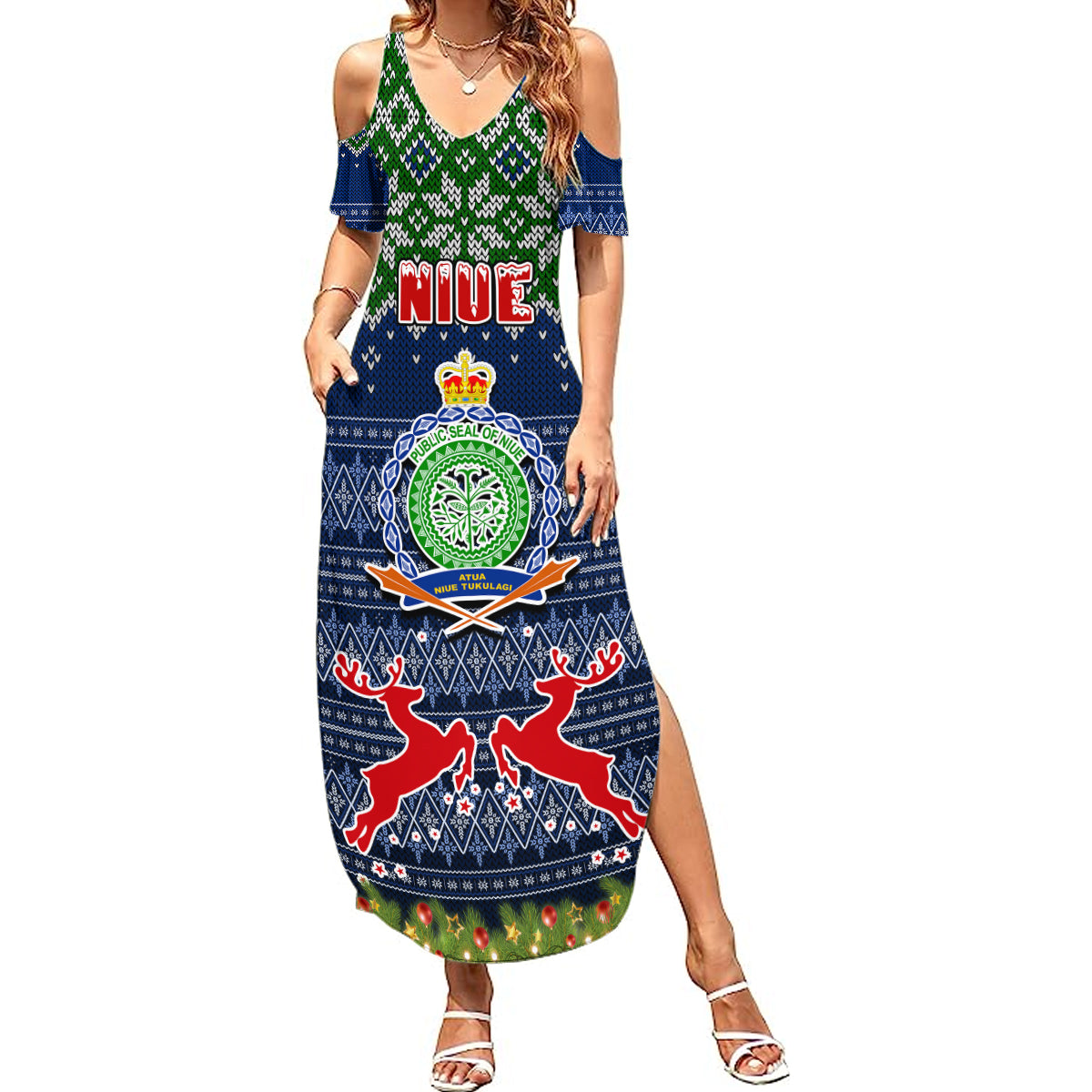 Niue Christmas Summer Maxi Dress Coat of Arms and Map Beautiful Merry Xmas Snowflake LT03 Women Blue - Polynesian Pride