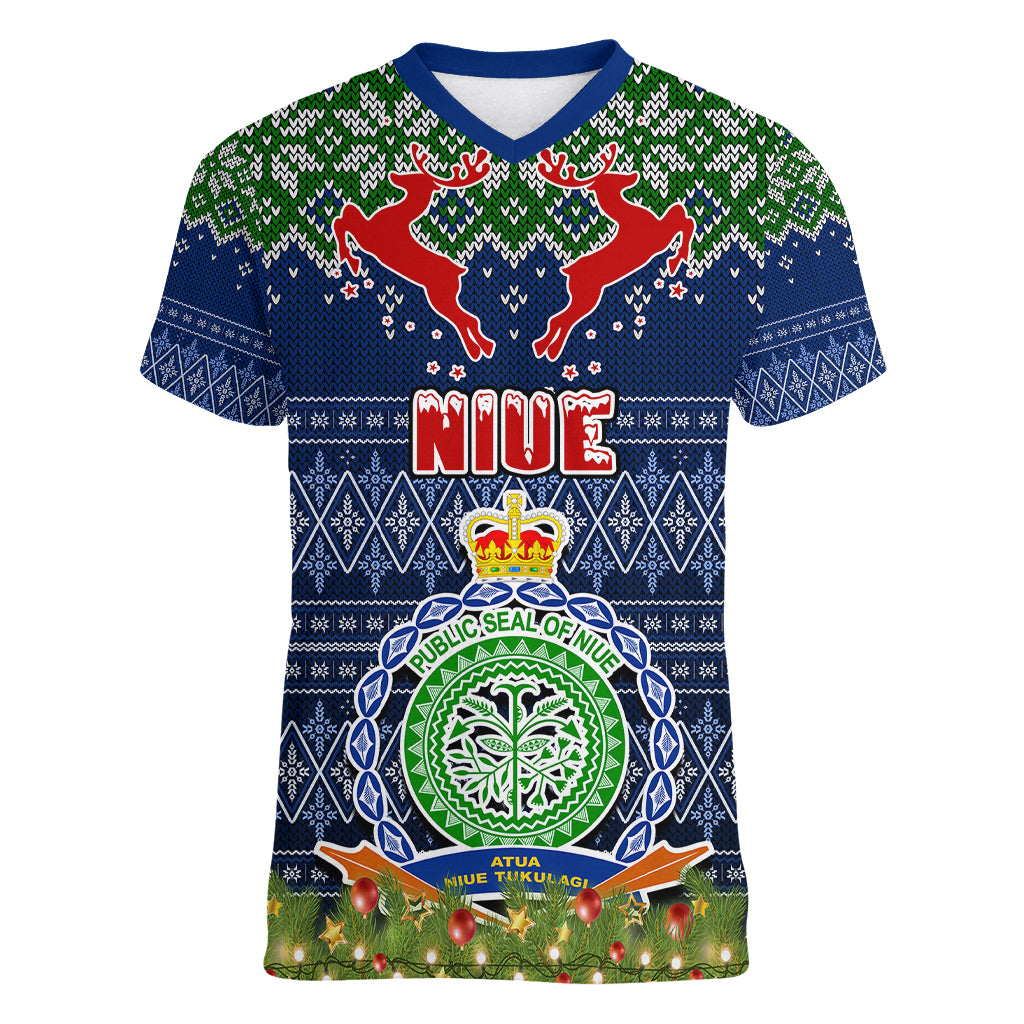 Niue Christmas Women V Neck T Shirt Coat of Arms and Map Beautiful Merry Xmas Snowflake LT03 Female Blue - Polynesian Pride