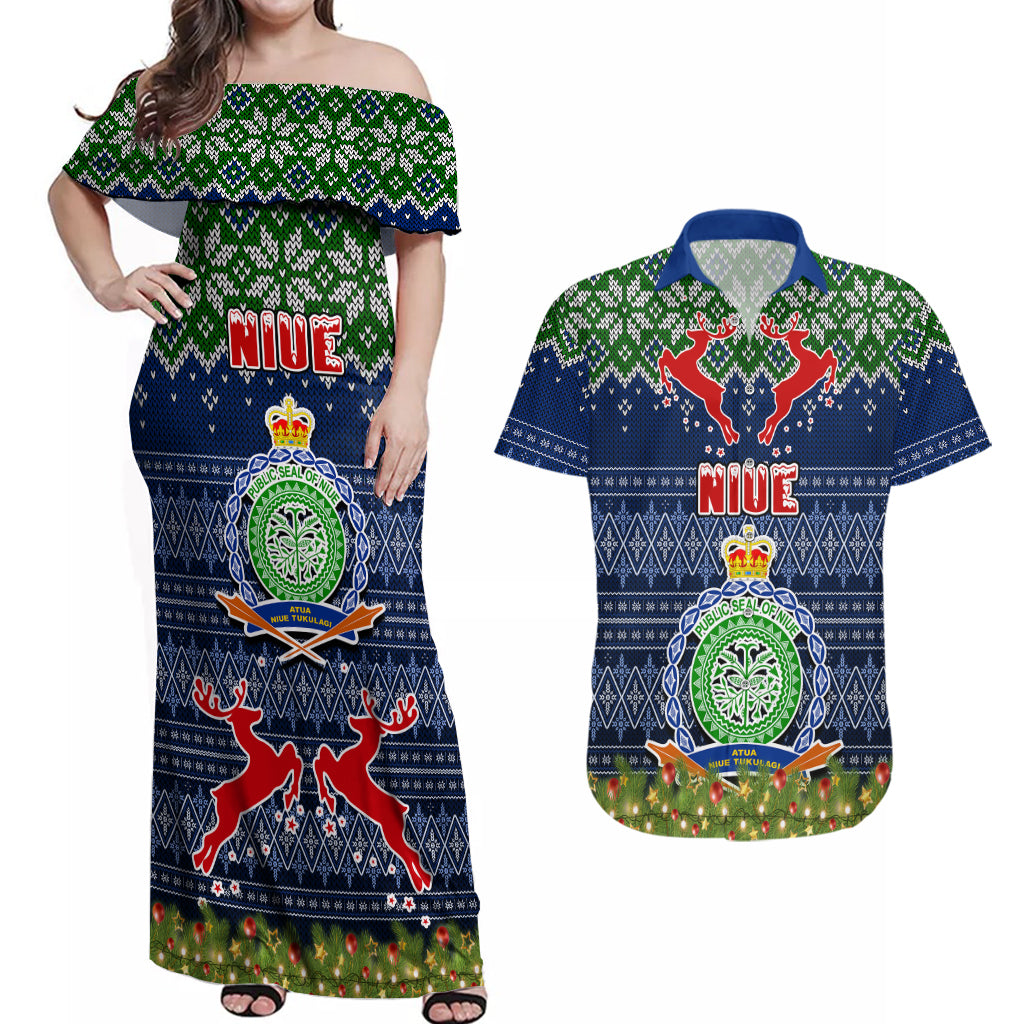 Personalised Niue Christmas Couples Matching Off Shoulder Maxi Dress and Hawaiian Shirt Coat of Arms and Map Beautiful Merry Xmas Snowflake LT03 Blue - Polynesian Pride