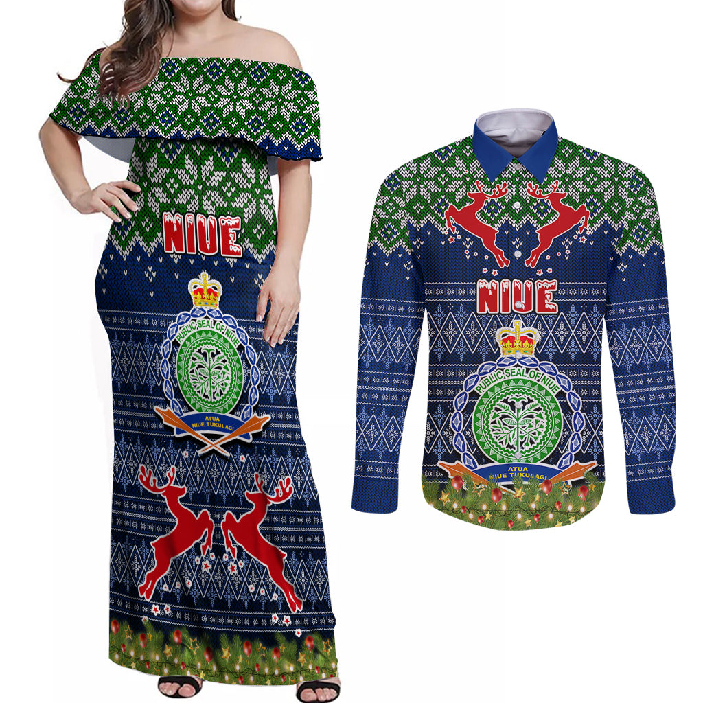 Personalised Niue Christmas Couples Matching Off Shoulder Maxi Dress and Long Sleeve Button Shirts Coat of Arms and Map Beautiful Merry Xmas Snowflake LT03 Blue - Polynesian Pride