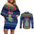 Personalised Niue Christmas Couples Matching Off Shoulder Short Dress and Long Sleeve Button Shirts Coat of Arms and Map Beautiful Merry Xmas Snowflake LT03 Blue - Polynesian Pride