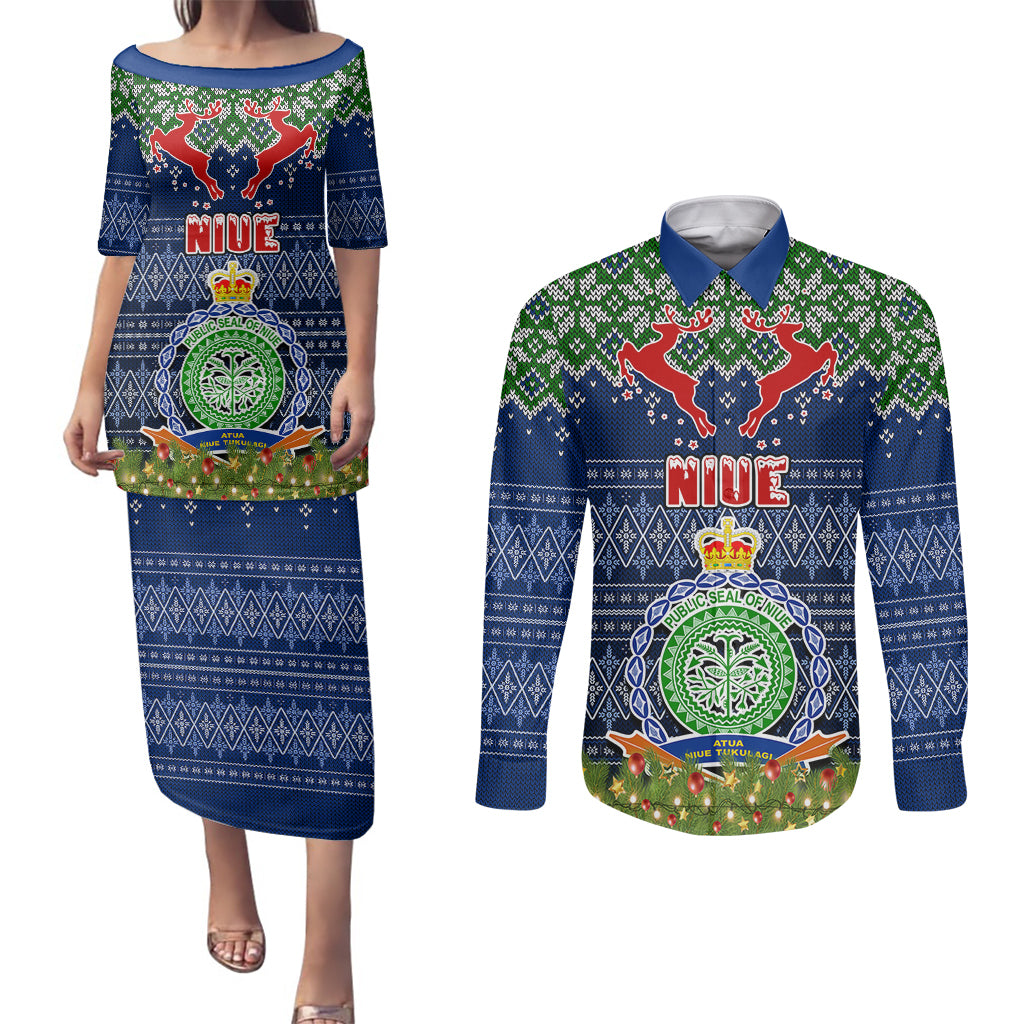 Personalised Niue Christmas Couples Matching Puletasi Dress and Long Sleeve Button Shirts Coat of Arms and Map Beautiful Merry Xmas Snowflake LT03 Blue - Polynesian Pride