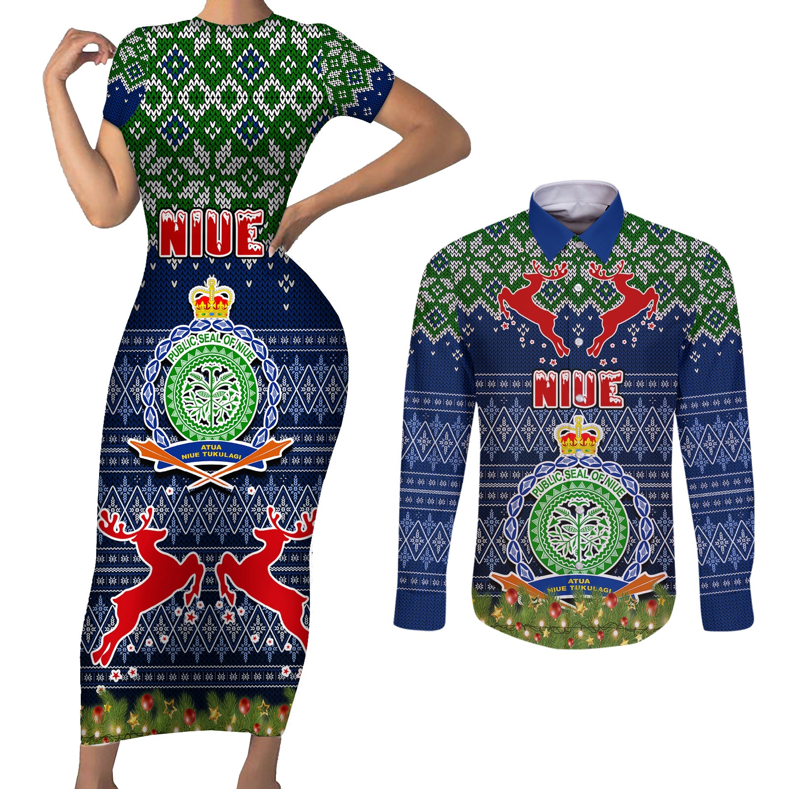 Personalised Niue Christmas Couples Matching Short Sleeve Bodycon Dress and Long Sleeve Button Shirts Coat of Arms and Map Beautiful Merry Xmas Snowflake LT03 Blue - Polynesian Pride