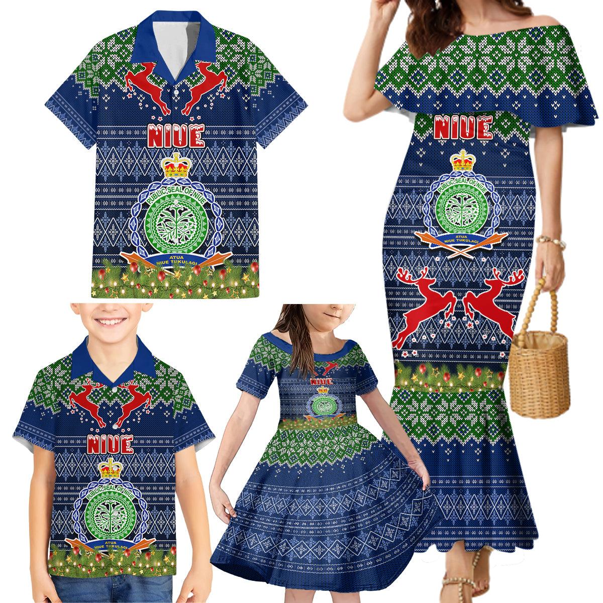 Personalised Niue Christmas Family Matching Mermaid Dress and Hawaiian Shirt Coat of Arms and Map Beautiful Merry Xmas Snowflake LT03 - Polynesian Pride