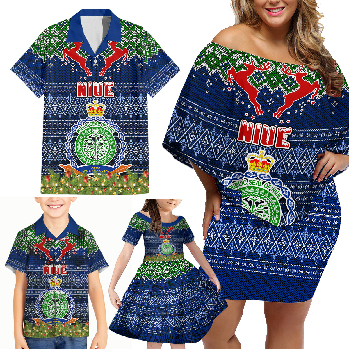 Personalised Niue Christmas Family Matching Off Shoulder Short Dress and Hawaiian Shirt Coat of Arms and Map Beautiful Merry Xmas Snowflake LT03 - Polynesian Pride