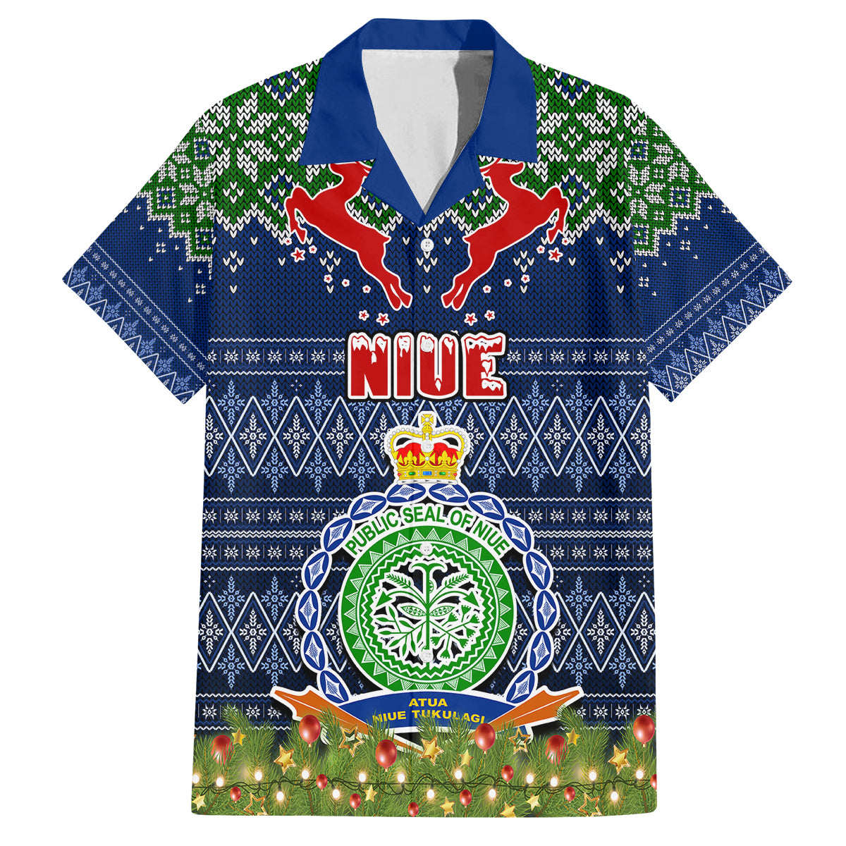 Personalised Niue Christmas Family Matching Off Shoulder Short Dress and Hawaiian Shirt Coat of Arms and Map Beautiful Merry Xmas Snowflake LT03 Dad's Shirt - Short Sleeve Blue - Polynesian Pride
